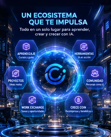 Ecosistema Crece IA conectado alrededor de aprendizaje, herramientas, proyectos, comunidad, Work Exchange y CRECE.